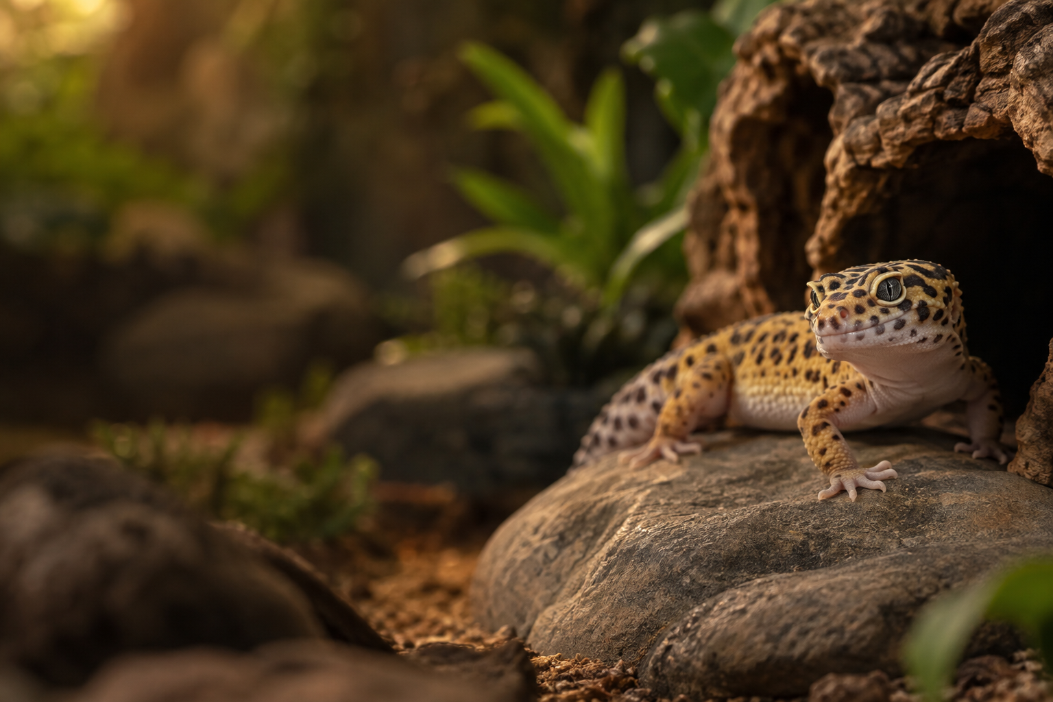 A leopard gecko resting on a stone beside a cork hide